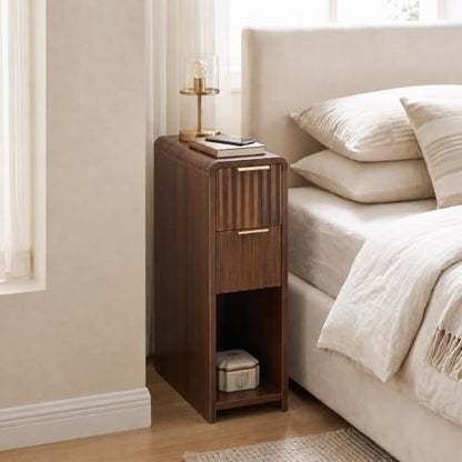 Fluted Slim Side Table with 2 Drawers and Bottom Open Shelf, Skinny End Table with Gold Handles, Walnut Narrow Accent Table for Living Room Bedroom - size: 1 Pack
