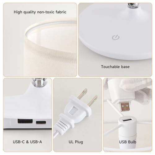 2pcs Table Lamps Bedroom USB C+A Ports, Remote and App, Stepless Dimming and 3 Modes Dimmable Touch Nightstand Bedside USB-C Ports Small Table Lamp Fully Control Light - White