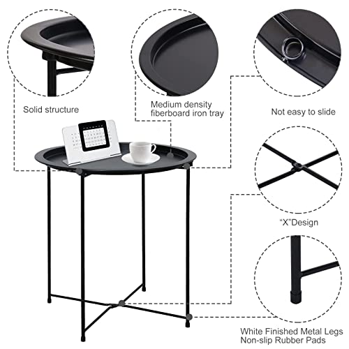 Garden 4 you End Table Metal Side Table Black Round Folding Tray Cyan Sofa Small Accent Fold-able Table, Round End Table Tray, Next to Sofa Table, Snack Table for Living Room and Bed Room - color: Black