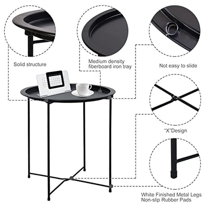 Garden 4 you End Table Metal Side Table Black Round Folding Tray Cyan Sofa Small Accent Fold-able Table, Round End Table Tray, Next to Sofa Table, Snack Table for Living Room and Bed Room - color: Black