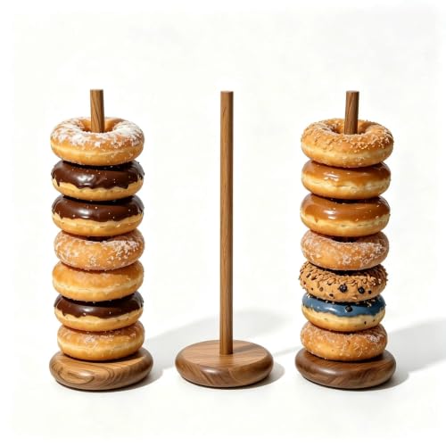 3 Pack Acacia Donut Stand, 14 Inch Wood Donut Display Wooden Bagel Holder | 5 Inch Thicken Round Stand, Farmhouse Wooden Donut Display for Birthday Party, Wedding, Bakery Dessert Bar Table Decor - color: Donut3A