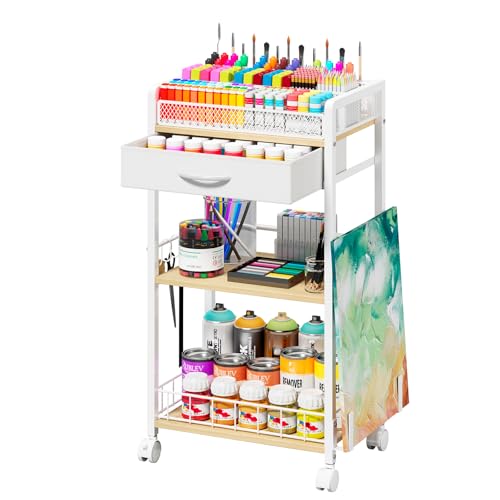 3 Tier Rolling Cart - Metal Utility Cart with Storage Drawer and Wheels, Versatile Art & Craft Organizer for Home, Office, or Studio Ideal for Storing Brushes, Paints, and Supplies White - color: White Maple