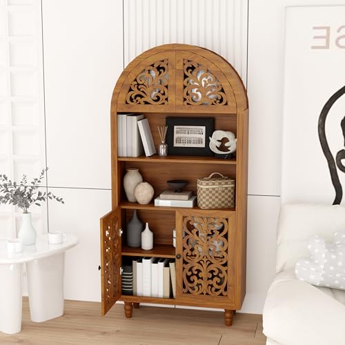 66.9" Tall Arched Display Cabinet with Hand-Carved Door and Shelves, 5-Tier Bookshelf Modern Farmhouse Arched Bookcase, Wooden Open Floor Arched Book Shelf for Living Room, Office, Walnut Finish - color: Walnut 66.9"