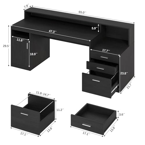 YOMILUVE Computer Desk with 3 Drawer & Storage Shelves, Home Office Desk with File Drawer & Cabinet, Writing Study Table with Long Monitor Stand & Printer Shelf, Executive Desk, Black - color: Black