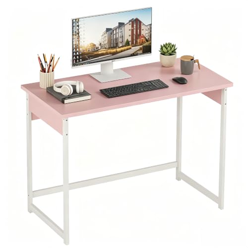 ALISENED Home Office Desk, Sturdy and Stable Computer Desk, 43.3 Inch Computer Desk, Office Desk with Metal Frame, Study Table for Home Bedroom, Pink - color: Pink, size: W-43.3in