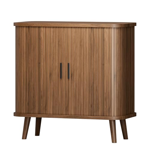 Sideboard Buffet Cabinet with Sliding Door, 31.5" Wide Fluted Modern Accent Storage Cabinet with Adjustable Shelves, Wood Coffee Bar Buffet Console Table for Kitchen, Dining Room, Living Room, Walnut - color: Walnut