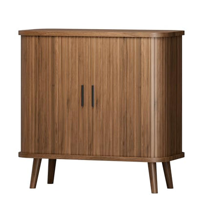 Sideboard Buffet Cabinet with Sliding Door, 31.5" Wide Fluted Modern Accent Storage Cabinet with Adjustable Shelves, Wood Coffee Bar Buffet Console Table for Kitchen, Dining Room, Living Room, Walnut - color: Walnut