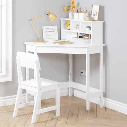 UTEX Kids Desk, Kids Corner Desk and Chair Set, Children Study Table with Storage and Hutch for Home School Use, White
