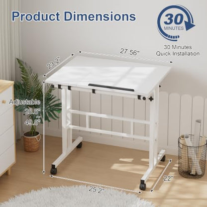 VECELO Mobile Small Standing Desk Adjustable Height, Computer Workstations with Tiltable Tabletop, Lockable Wheels, Portable Rolling Laptop Desk for Home Office, White - color: White