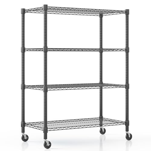 Himimi 18" D×36" W×72" H Storage Shelves with Wheels Metal Wire Shelving Unit 4 Tier Adjustable Shelving Heavy Duty Garage Shelf Organizer Rack Loads 1600LBS，Black - color: Black, size: 18"D×36"W×72"H, 4-Tier