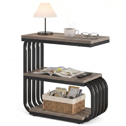 Tribesigns Small Narrow End Table with Storage Shelf, Industrial Side Tables with Curved Metal Frame, 3-Tier Accent Table and Nightstand for Living Room, Bedroom, Small Space (1, Grey) - color: Grey