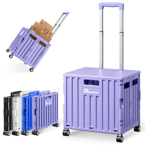 Folding Utility Cart, Portable Rolling Crate Handcart Collapsible Shopping Trolley with Lid, Foldable Tool Box Basket with 4 Rotate Wheels for Grocery, Office, Luggage, School - Purple - color: Purple