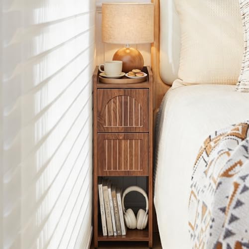 FurSch Fluted Thin Nightstand & Skinny Bedside Table for Bedroom, Narrow Night Stand Side End Table with 2 Drawers and Open Shelf for Small Spaces (Walnut-1 pc) - color: Walnut-1 Pc
