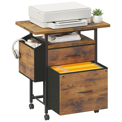 DUMOS 2 Drawer Mobile File Cabinet, Printer Stand with 24'' Wide Desktop | Fabric Drawer Cabinet Under Desk with Storage Side Bag,Rolling Printer Cart Not for Hanging Files for Home Office, Brown - color: Modern Brown