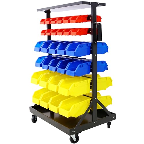 6-Tier Dual-Sided Rolling Bin Rack, Heavy Duty Steel Organizer Shelf with Locking Casters & 60 Bins, 350 lbs Capacity for Garage, Workshop & Hardware Tools (6-Tiers) - size: 6-Tiers