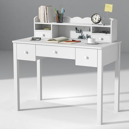 FUNKOCO White Writing Desk with Hutch & 5 Drawers - 40 Inch Modern Computer Workstation for Home Office, Teen Desk, Small Study Desk, Ideal for Gift - color: 3-large White