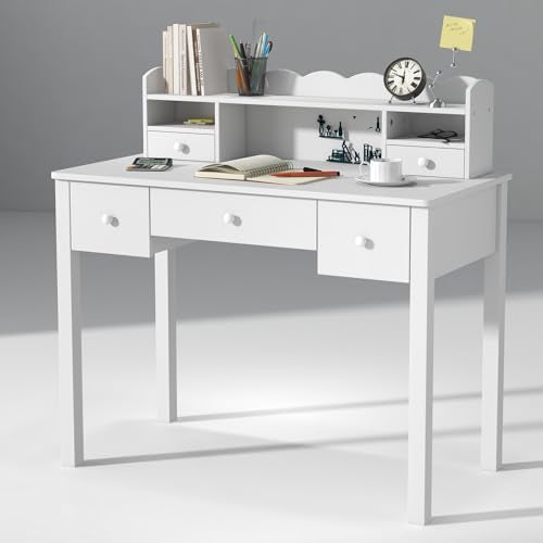 FUNKOCO White Writing Desk with Hutch & 5 Drawers - 40 Inch Modern Computer Workstation for Home Office, Teen Desk, Small Study Desk, Ideal for Gift - color: 3-large White