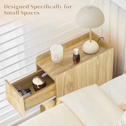 Narrow Nightstands Set of 2 for Bedroom, Mid Century Modern Wooden Bedside with 2 Drawers, Fluted Skinny End Table, 8 Inch Wide Slim Side Tables for Small Spaces - color: Natural X40