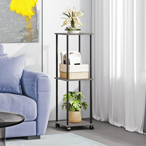 HAYOFAMY 3 Tier Oak Grey Plant Stand Indoor with Wheels 37.2” Tall | Movable Plant Shelf, Metal Wood Multiple, Flower Pot Holder for Living Room Office Balcony Patio