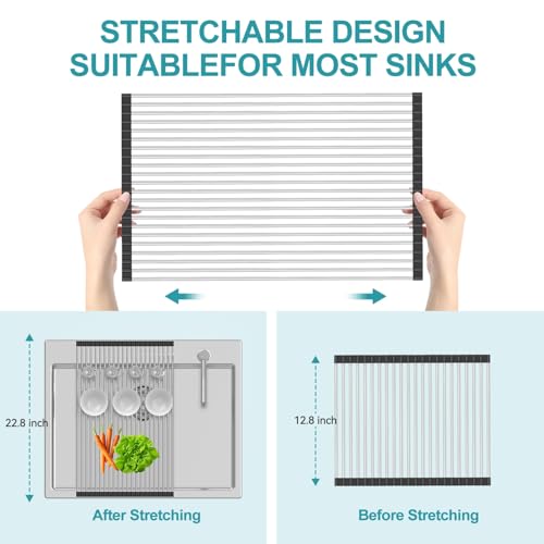 BBXTYLY Extra Large Expandable Roll Up Dish Drying Rack,Over The Sink Drying Rack Sink Cover Kitchen Sink Accessories Kitchen Rolling up Stainless Steel Drainer, Foldable,Rollable（Black，22.8''-17.3''） - color: Black, style: 22 tubes,expandable