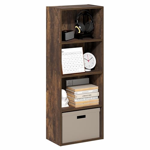 Furinno LUDER Book Shelf, 4-Tier Bookshelf, Bookcase with Open Shelf, 9.3 x 15.6 x 41.7, for Corner, Living Room, Bedroom, Home Office, Amber Pine - color: Amber Pine, size: 4-Tier, 9.3 x 15.6 x 41.7