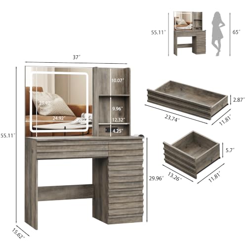 Makeup Vanity Desk with Lights, Fluted Vanity with 4 Drawers, Open Shelves, Power Outlet, LED Lighted Mirror, 3 Lighting Modes & Brightness Adjustable, Wood Dressing Table for Bedroom,Wood Grey - color: Wood Grey
