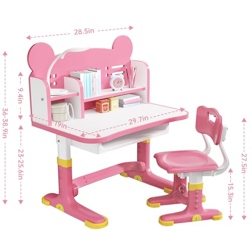 Kids Desk and Chair Set, Height Adjustable Child's School Study Writing Tables, Kids Desk with Bookstand and Storage Drawer, Widened Desktop with Desktop for Boys and Girls (Pink-F) - color: Pink-f