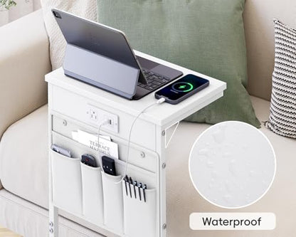 C Shaped End Table with Charging Station, 28" Tall Couch Side Table, Sofa Table Beside Table, Slide Under Sofa Arm C Table for Small Spaces, TV Tray Table for Living Room, Bedroom, White - color: White