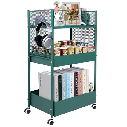 3 Tier Rolling Storage Cart Metal Utility Cart with Wheels | Office Organizer with Hooks & Hanging Cups, Mobile Shelving Unit for Kitchen Nursery Craft Snack Book - color: Emerald Green