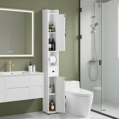 VECELO Narrow Bathroom Storage Cabinet with Adjustable Shelves, 67" Tall Freestanding Cabinet with Toilet Paper Holder, Slim Tower Cabinet with Two Magnetic Doors & Drawer, for Small Spaces, White - color: Cabin Top