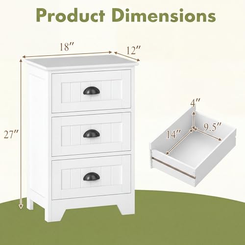 Giantex Nightstand with 3 Drawers, Bedside Table with Exquisite Metal Handles, Accent Table Sofa Side Table with Anti-toppling Device for Bedroom, Study, White - color: White