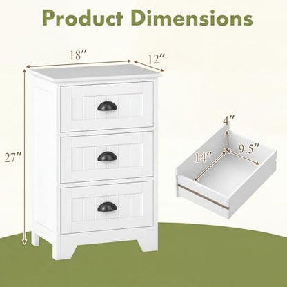 Giantex Nightstand with 3 Drawers, Bedside Table with Exquisite Metal Handles, Accent Table Sofa Side Table with Anti-toppling Device for Bedroom, Study, White - color: White