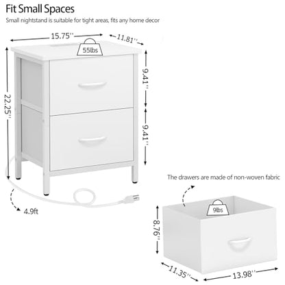 Vagusicc Nightstand Set of 2 with Charging Station, End Table Bedside Table with Power Outlet & USB Ports, Side Table with 2 Fabric Drawers for Bedroom, Living Room, White - color: White (2 Pack)