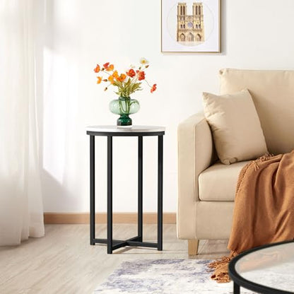 Yaheetech Round End Table Set of 2,16in Faux Marble Accent Table,Modern Side Table with Marble Top and Metal Frame,Small Coffee Table Telephone Table for Living Room/Small Space,Black - color: Black