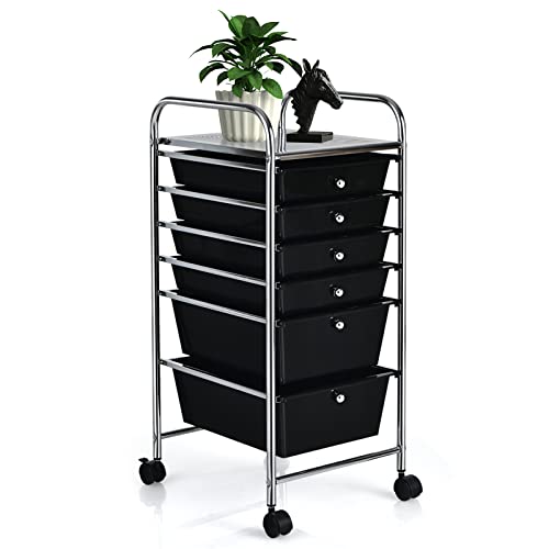 COSTWAY 6-Drawer Rolling Storage Cart, Art Craft Tools Organizer on Wheels | Multifunctional Heavy Duty Utility Mobile Storage Trolley w/ 2 Lockable Wheels for Home Office School (Black) - color: Black, size: 6 Drawer