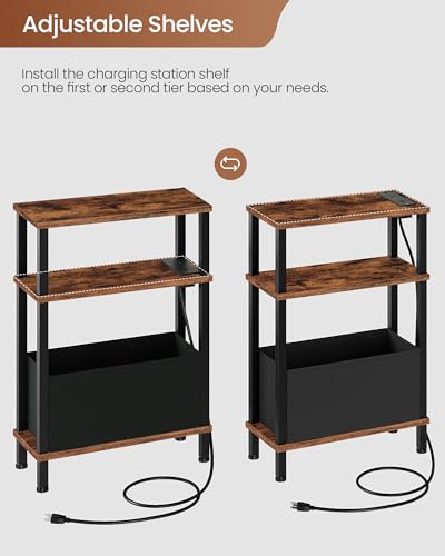 CHOEZON Narrow Side Table with Charging Station, Skinny End Table with Fabric Basket, Slim Nightstand for Small Spaces, Small Side Table, for Living Room, Bedroom, Rustic Brown and Black TBZ07UBF - color: Rustic Brown + Black