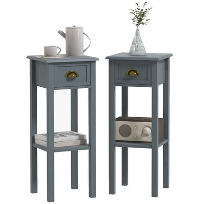 HOMCOM Narrow End Table with Drawer and Bottom Shelf, Slim Side Table for Small Spaces, Skinny Modern Accent Desk for Living Room, Set of 2, Gray - color: Grey