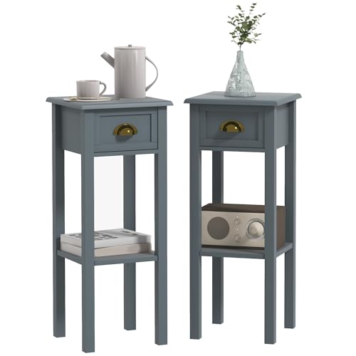 HOMCOM Narrow End Table with Drawer and Bottom Shelf, Slim Side Table for Small Spaces, Skinny Modern Accent Desk for Living Room, Set of 2, Gray - color: Grey