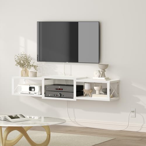 MAHANCRIS 43.7” Floating TV Stand with Power Outlet, Wall-Mounted Entertainment Center, Floating Metal Frame Media Console Shelf for Under TV Storage, for Living Room, Bedroom, White TVBW101E01 - color: White
