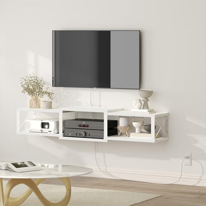 MAHANCRIS 43.7” Floating TV Stand with Power Outlet, Wall-Mounted Entertainment Center, Floating Metal Frame Media Console Shelf for Under TV Storage, for Living Room, Bedroom, White TVBW101E01 - color: White