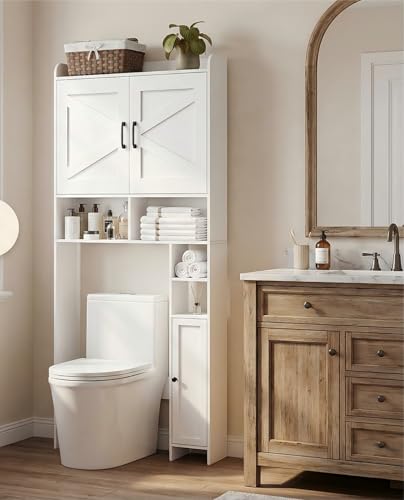 Homhedy Wooden Over The Toilet Storage Cabinet with Barn Door | Freestanding Bathroom Storage, Toilet Paper Holder, Adjustable Shelf,Space-Saving, Farmhouse Style, White - color: White