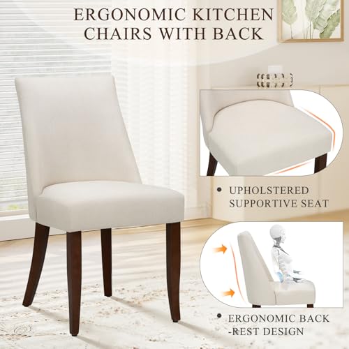 Upholstered Dining Chairs Set of 6, Mid Century Modern Kitchen Chairs with Back, Farmhouse Fabric Side Dining Room Chairs with Wood Legs for Dining Room Restaurant, Beige - color: Beige, size: Set of 6