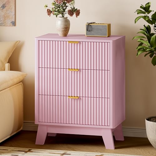 BORNOON Fluted Night Stand, 3 Drawer Bedside Table Dresser with Metal Handles, End Side Table Storage Cabinet for Bedroom - color: Pink, size: Rounded Edge