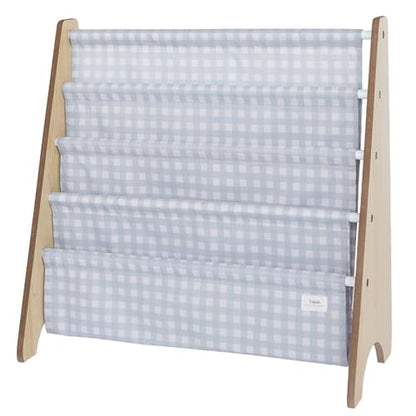 3 Sprouts Recycled Kids Bookshelf, Holds 35 Books, 4-Tier, Gingham Blue | Space-saving bookshelf, Children's room, Toddler bookcase organizer, Ages 3+, Book/toy storage, Front-facing, Covers visible - color: Gingham Blue