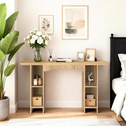 Sonharlar 55 Inch Entryway Table Single-Shelf Cabinet, 1.6 Inch Thick Desktop Wooden Console Table with Socket Farmhouse Sofa Table for Entrance, Hallway, Living Room,Behind Couch(Natural Brown) - color: Natural Brown, size: 55IN 1T