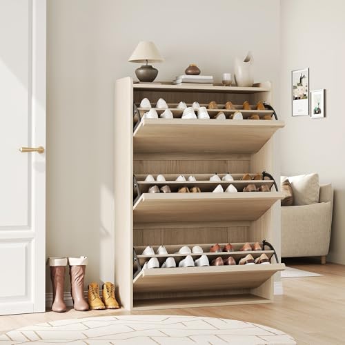 Garvee Shoe Cabinet with 3 Flip Drawers, Hidden Wood Shoe Cabinet,Freestanding Shoe Storage Cabinet with Adjustable Shelf for Entryway Hallwa, Living Room, Living Room, Natural Oak - color: Natural Oak
