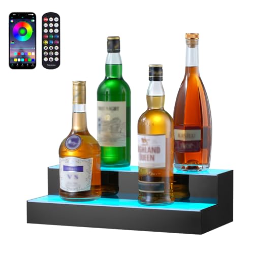 VEVOR LED Lighted Liquor Bottle Display, 2 Tiers 16 Inch Commercial Illuminated Home Bar Shelf, 2 Steps Whiskey Rack Stand, Acrylic Drink Shelves with RF Remote & App Control, and Multicolor Light - size: 2 Step 16 Inches