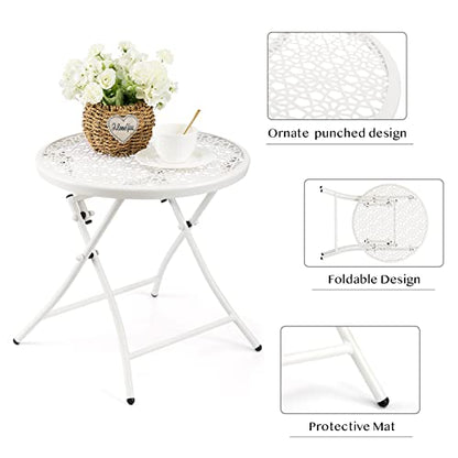 TeoKJ Folding Outdoor Side Tables, Anti Rust Small Patio Table Round Metal Nightstand with Flower Cutouts for Porch Yard Balcony Deck Lawn, White - color: White
