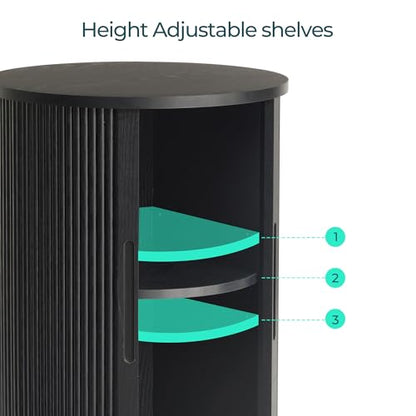 LINSY HOME Round Fluted End Table, Tall Side Table with Sliding Tambour Door and Storage Shelf, Mid Century Modern Nightstand for Living Room, Bedroom, Black - color: Black