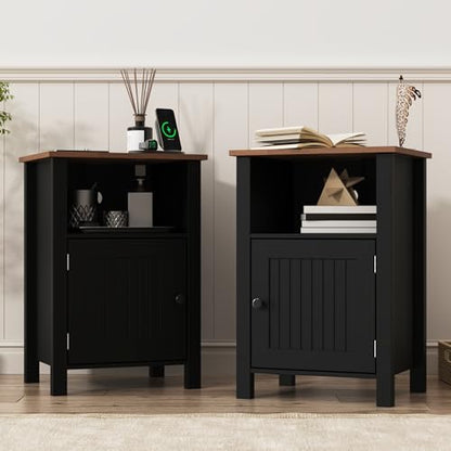 Furnify Farmhouse Nightstand Set of 2, Night Stand with Charging Station and USB Port, Modern Nightstand with Storage Shelf, Rustic Side Table with Open Space, Side Table for Bedroom, Black - color: Black